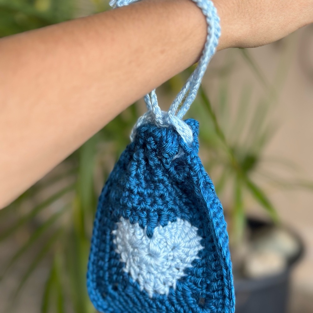 Handmade Blue Crochet Pouch with Heart Design - Picture 3 of 5